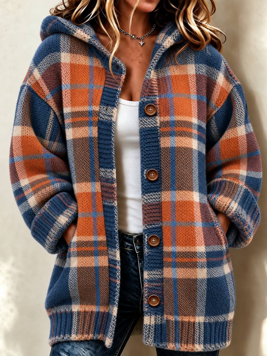 Women's Retro Plaid Hooded Button Knit Cardigan