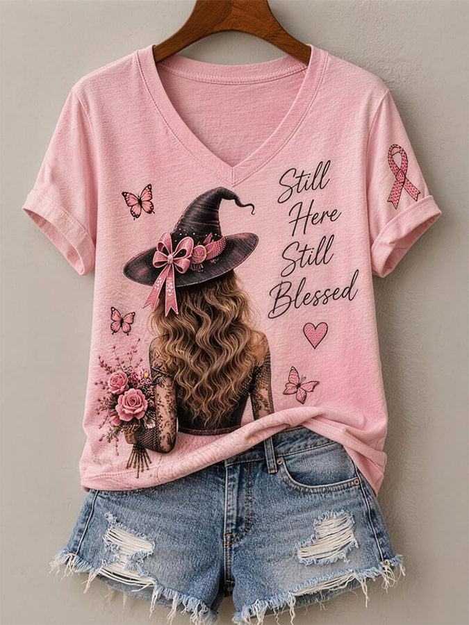 Women'S "Pink Witch" Print V-Neck Short-Sleeve T-Shirt