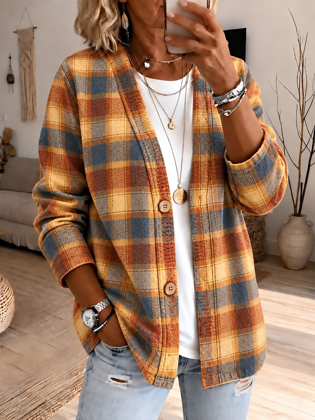 Women'S Autumn Plaid Printed Cardigan