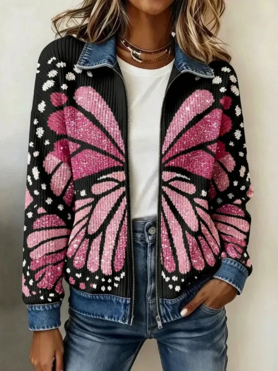 Women's Butterfly-Themed Knit Zipper Jacket