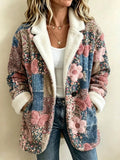 Women'S Butterfly and Floral-Themed Vintage Patchwork Sheepskin Coat