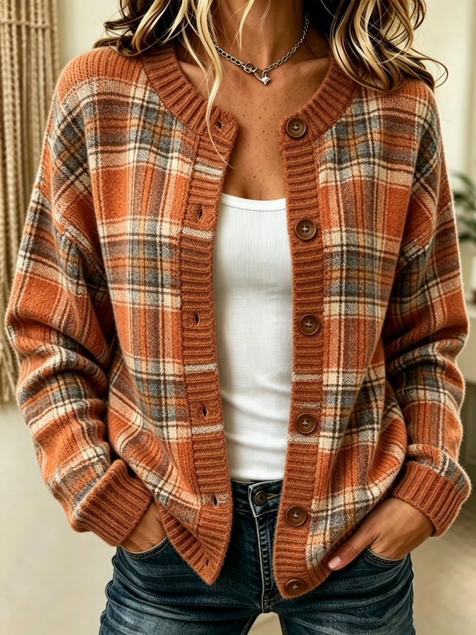 Women'S Casual Checkered Printed Knitted Cardigan