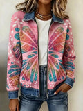 Women's Butterfly-Themed Knit Zipper Jacket