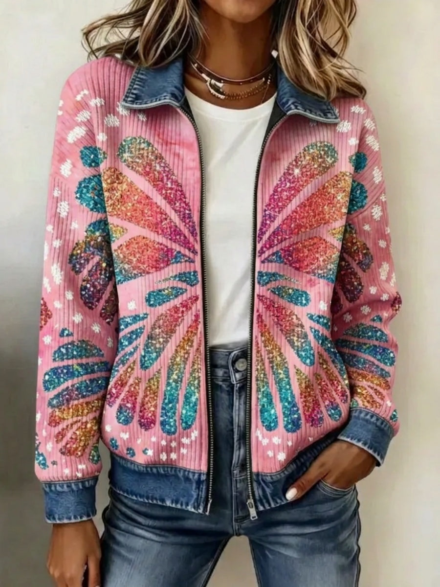 Women's Butterfly-Themed Knit Zipper Jacket