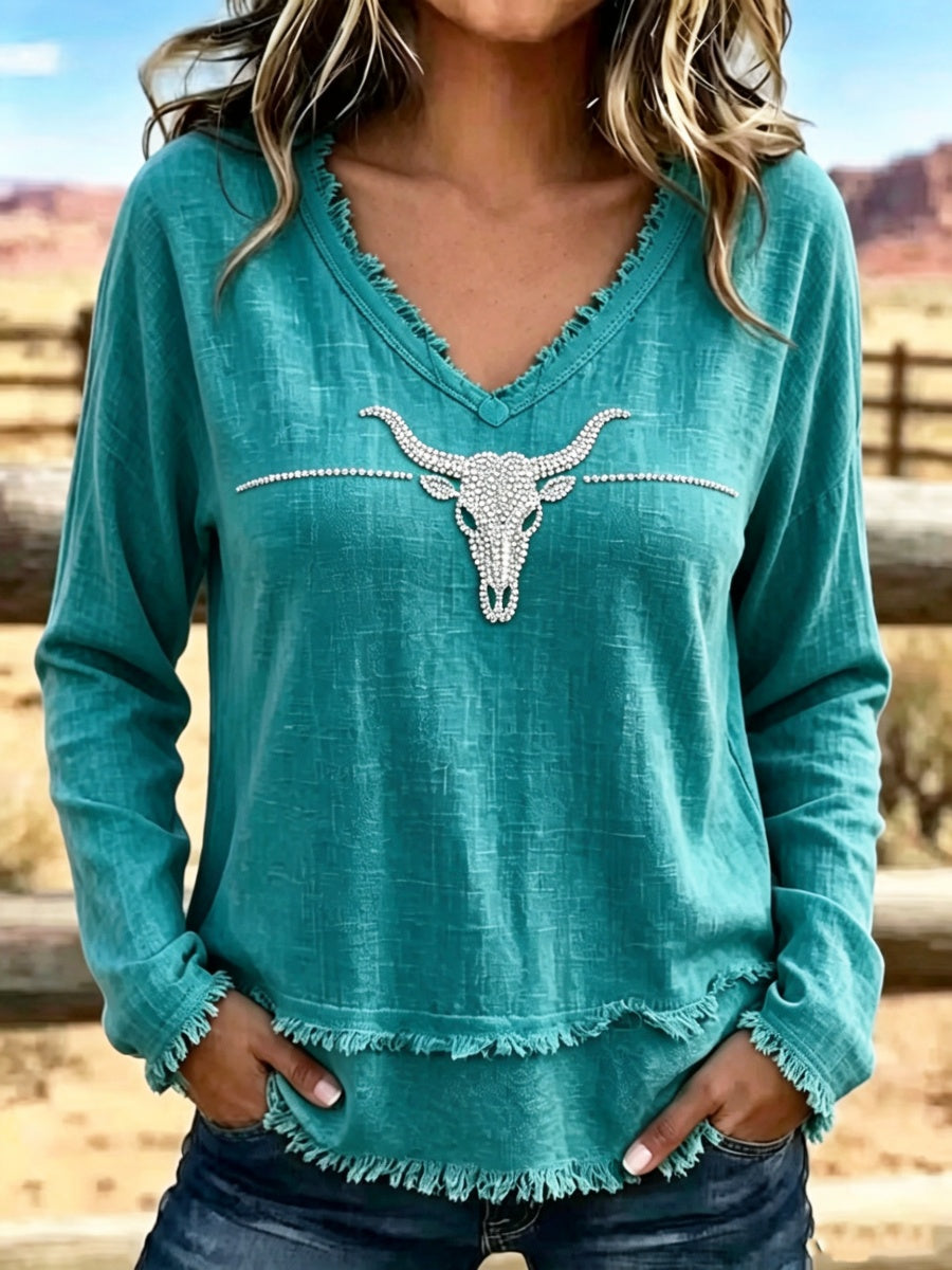 Women's Bull Skull Rhinestone Print Top