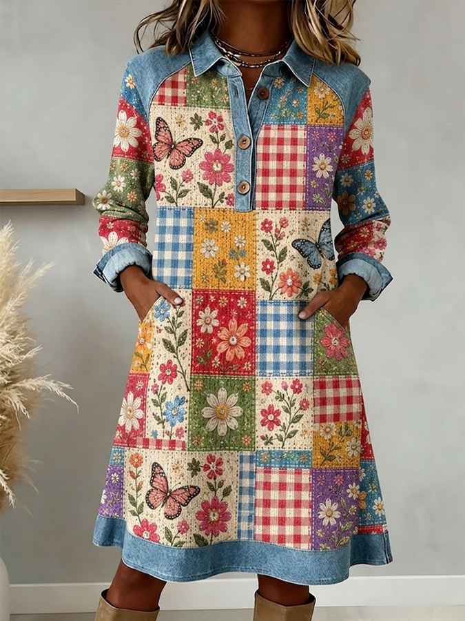 Women's Patchwork Art Button Collar Dress