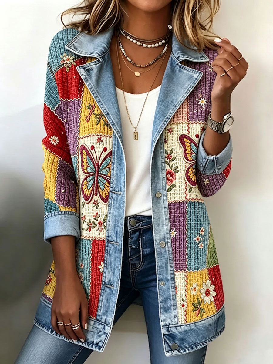 Women's Patchwork Art Denim Collar Jacket