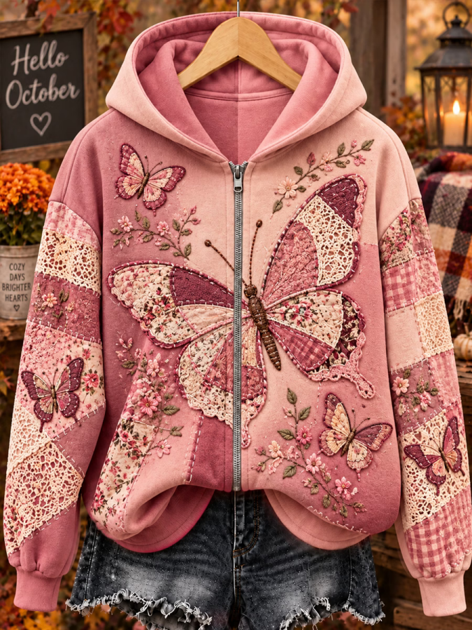 Women'S Pink Butterfly Breast Cancer Awareness Print Casual Zip Hoodie
