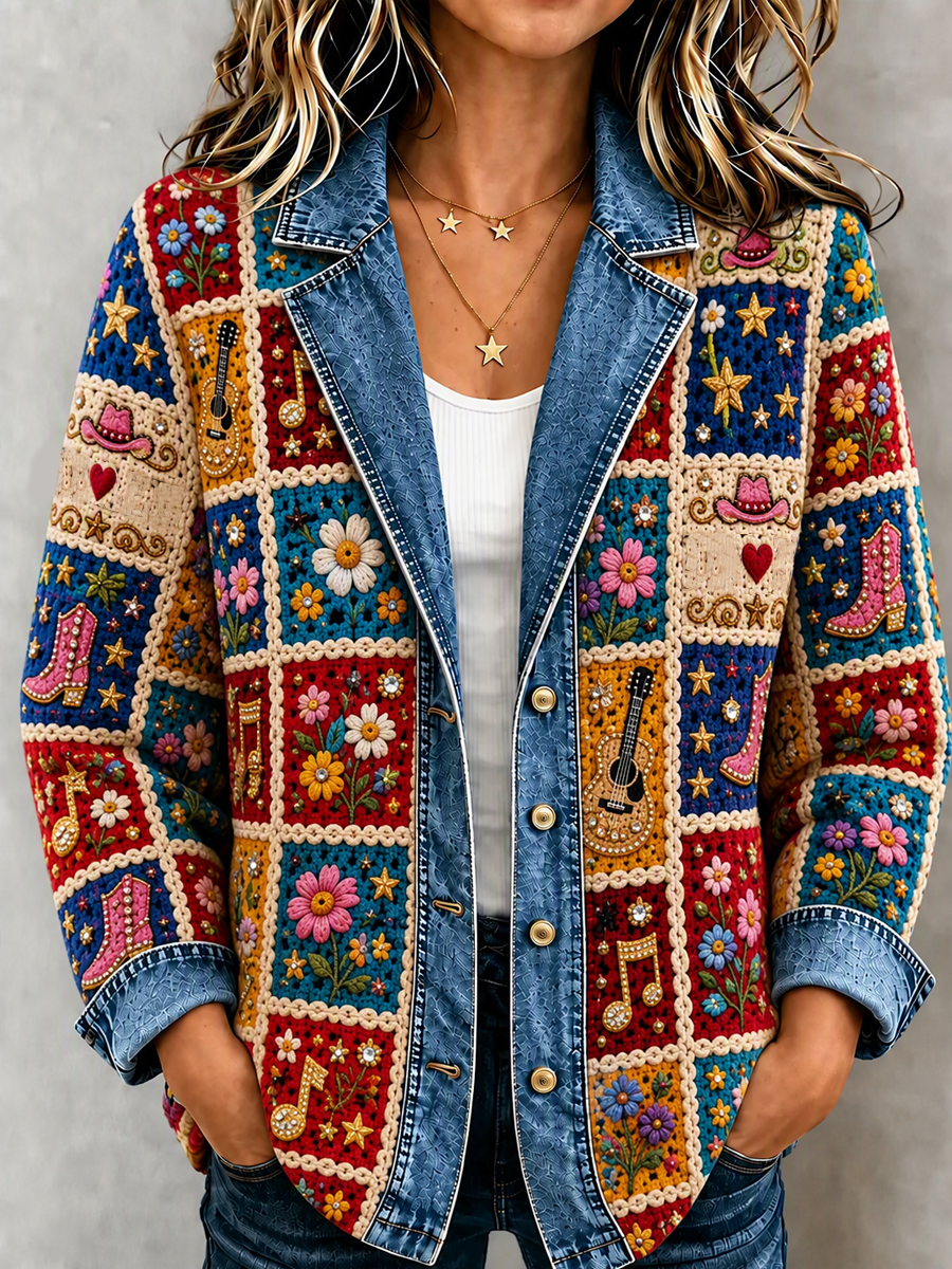 Women's Plant and Flower Patchwork Knitted Cardigan