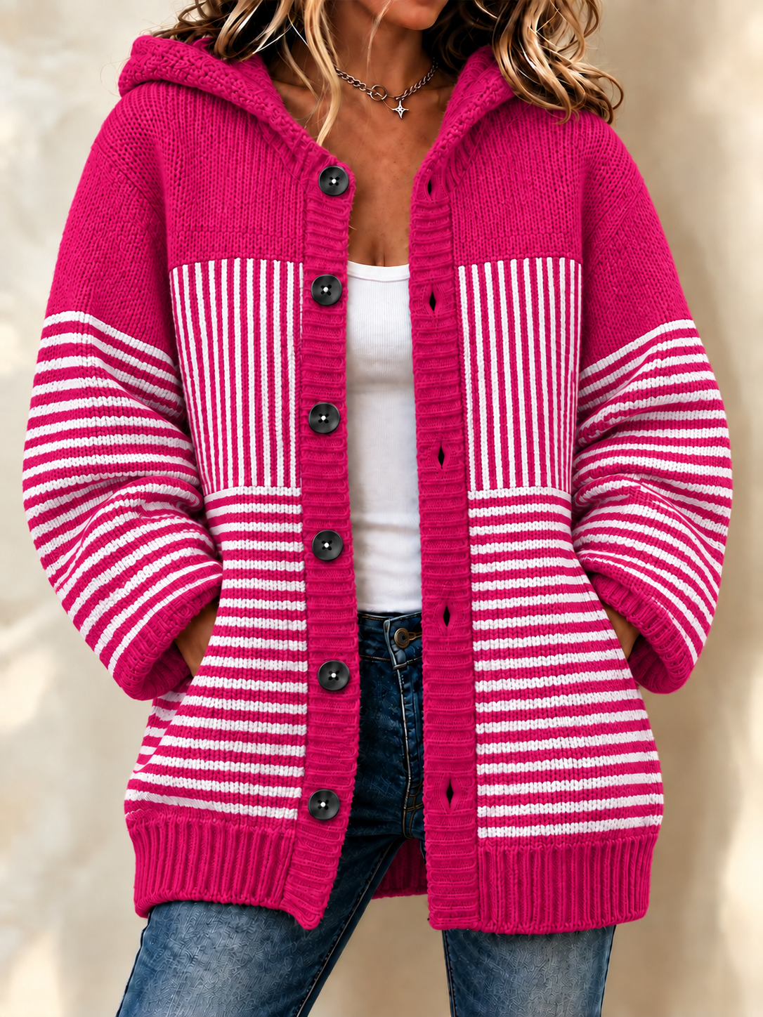 Women Striped Crew Neck Printing Casual Cardigan