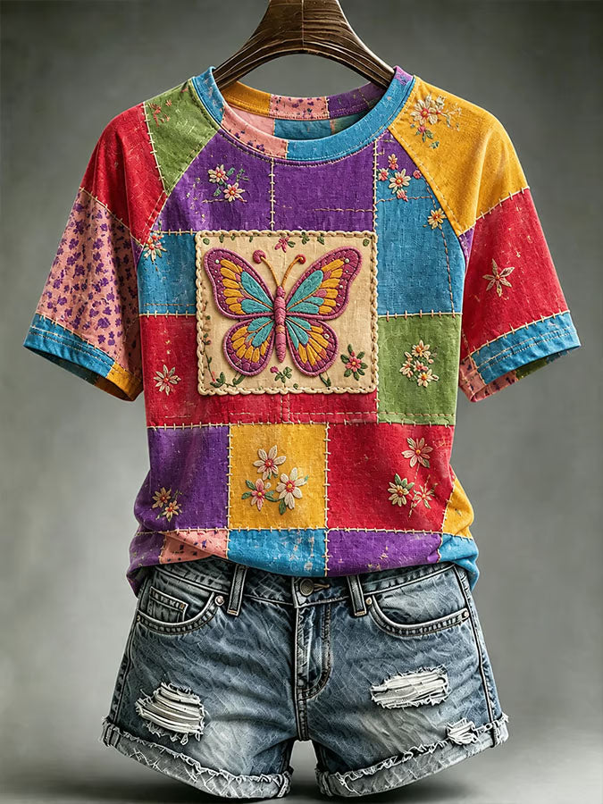 Women's Butterfly Print Round Neck T-shirt