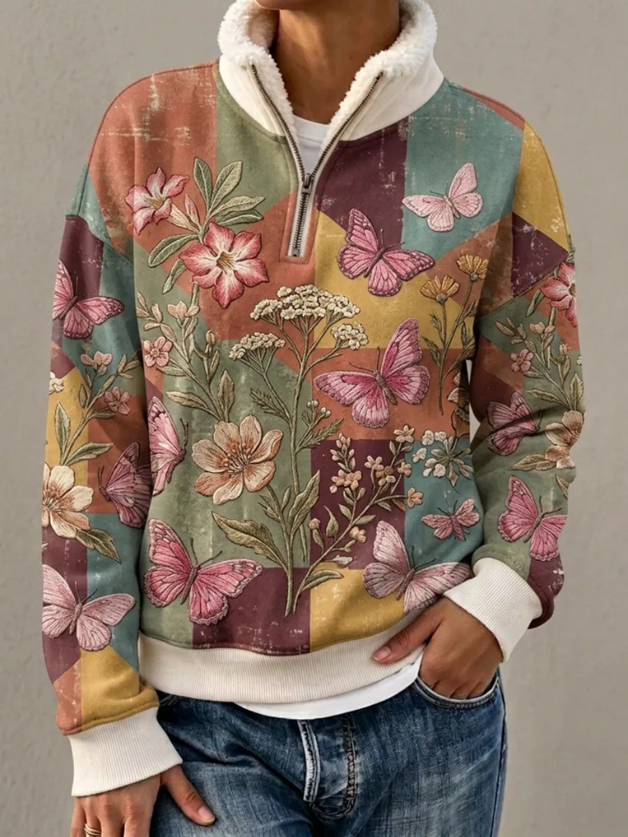Women's Butterfly & Flower-Themed Stand-Up Collar Fleece Sweater