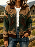 Women's Retro Floral & Butterfly Pattern Knit Zip-Up Cardigan