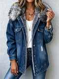 Casual, Warm, Distressed Denim Jacket With A Faux-fur Lining And Hood