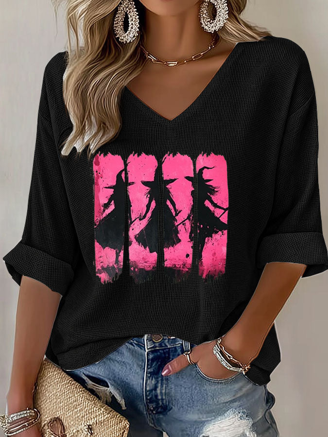 Women's Pink Witch Printed Waffle Top