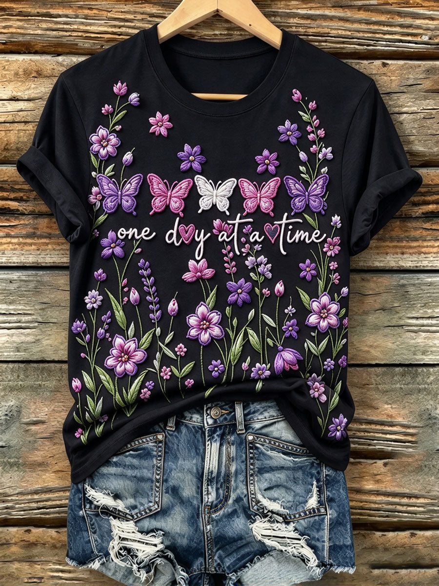 Ladies' Butterfly Flower Pattern Casual Short Sleeve Round Neck T-Shirt
