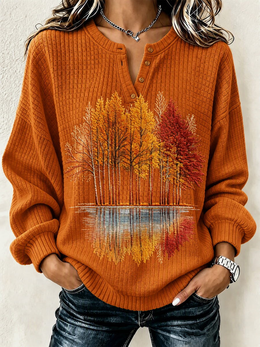 Women's Fall Casual Printed Loose-Fit Henley Shirt