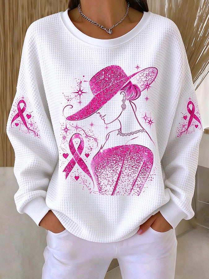Women'S Breast Cancer Witch Kitten Printed Waffle Sweatshirt