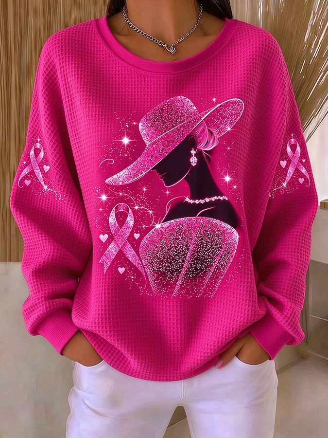 Women'S Breast Cancer Witch Kitten Printed Waffle Sweatshirt