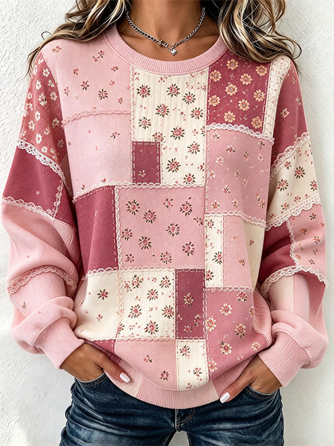Women'S Casual Print Waffle Long Sleeved Round Neck Sweatshirt