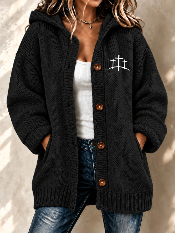 Women's Faith Cross Printed Knitted Cardigan
