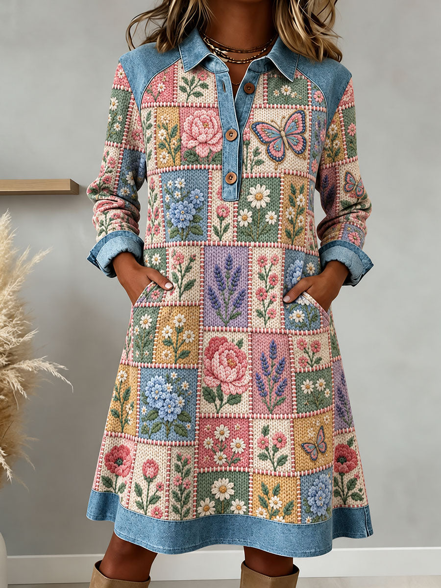 Women's Patchwork Art Button Collar Dress