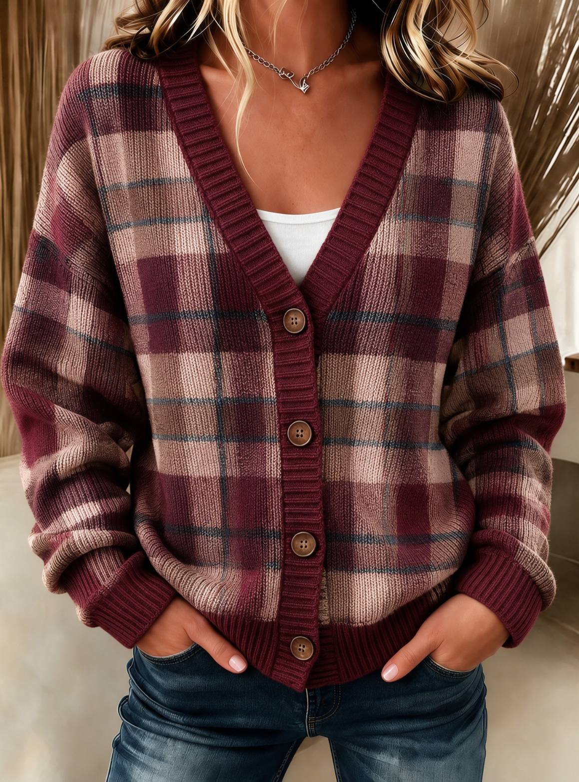 Women's Rust Plaid V-Neck Button Knit Cardigan