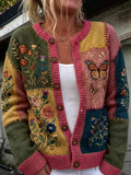 Women'S Butterfly & Floral Patchwork Knitted Cardigan