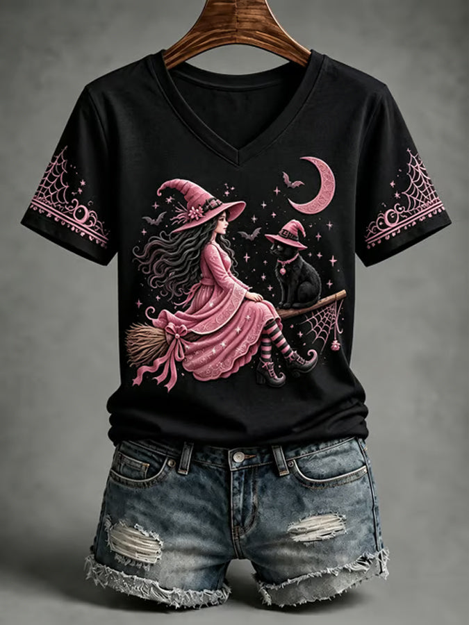 Women'S Witch Printed Short Sleeve Knitted Shirt