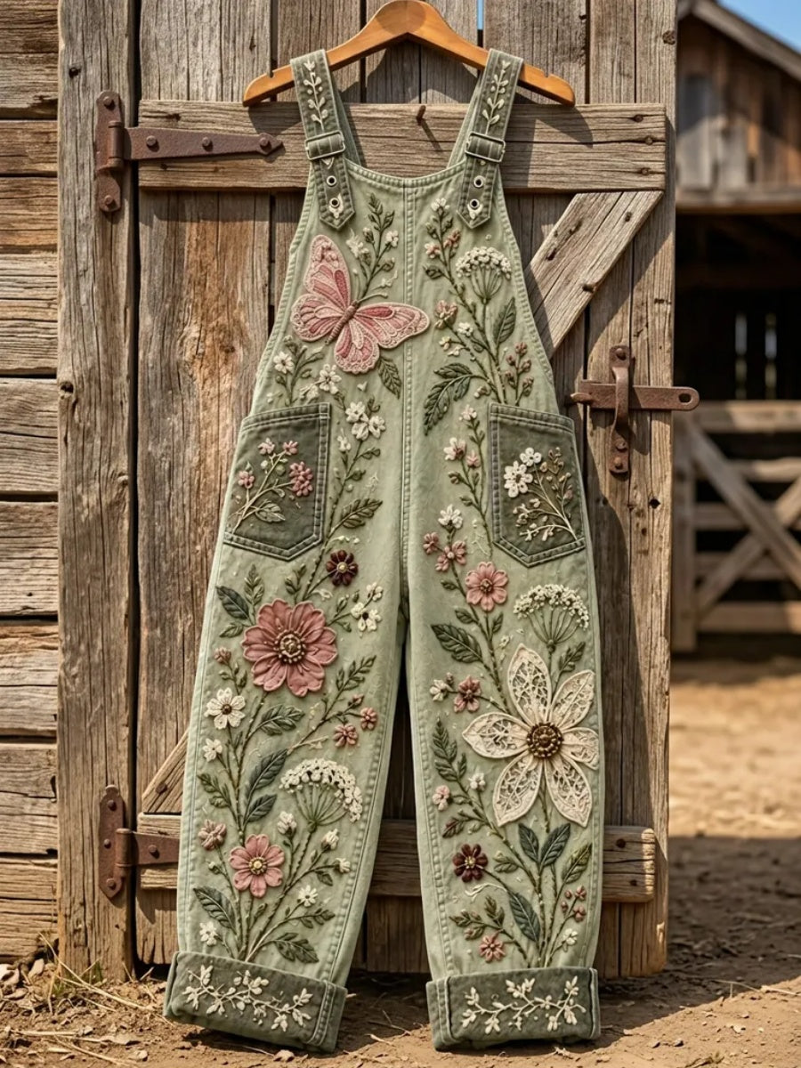 Women's Retro Butterfly and Floral-Print Overalls