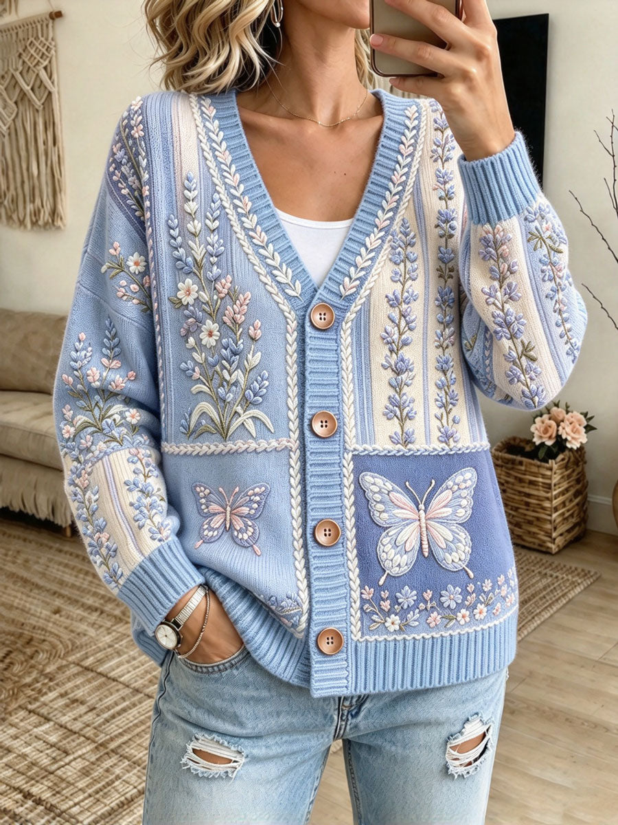 Women's Floral Patchwork-Themed Knit Cardigan