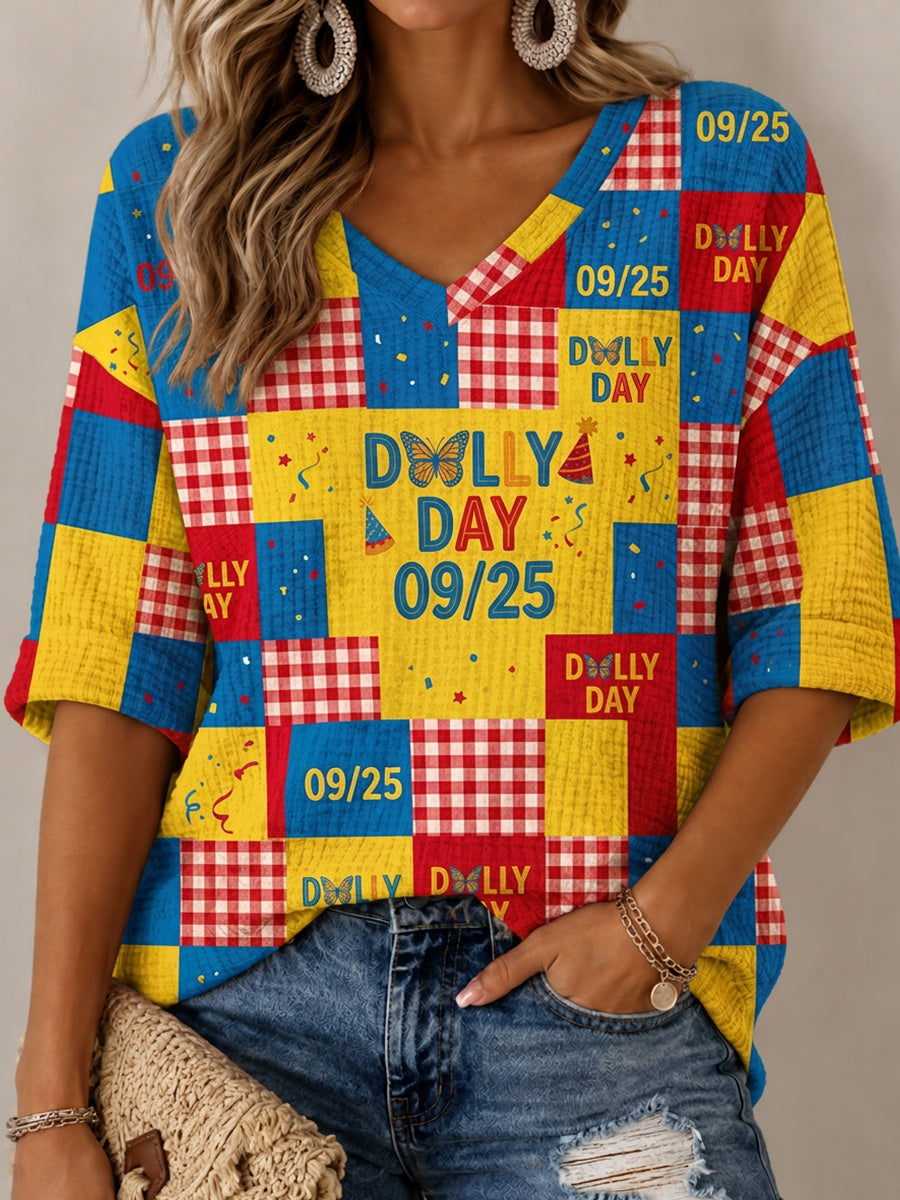 Women'S Commemorative Printed Casual V-Neck Top