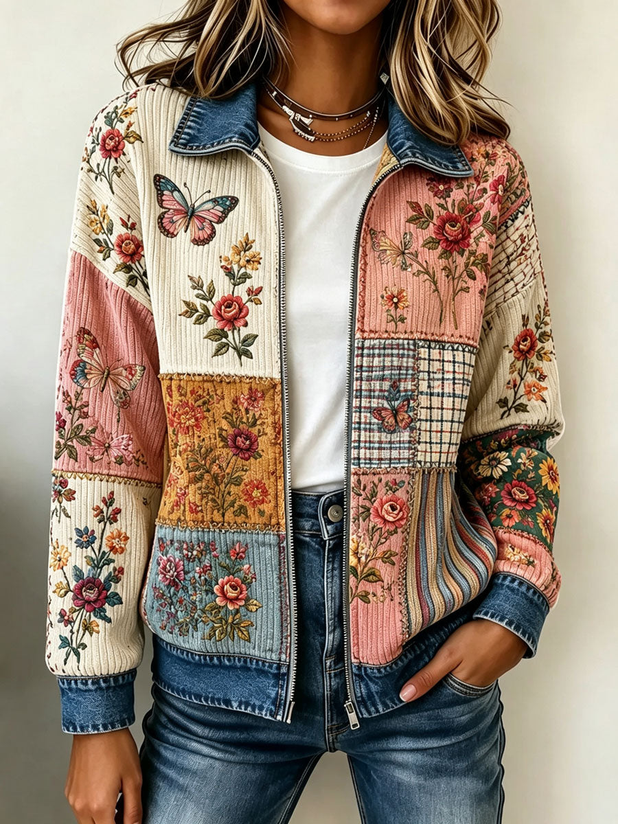 Women's Retro Floral & Butterfly Pattern Knit Zip-Up Cardigan
