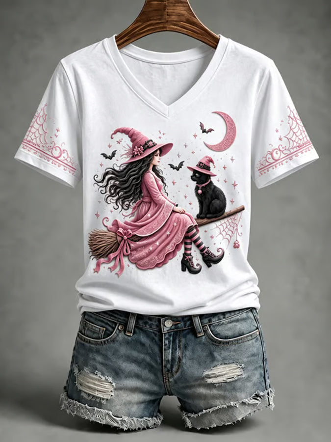Women'S Witch Printed Short Sleeve Knitted Shirt