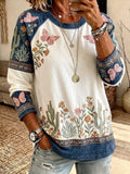 Women'S Retro Floral & Butterfly Pattern Long Sleeve T-Shirt