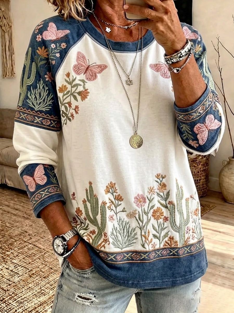 Women'S Retro Floral & Butterfly Pattern Long Sleeve T-Shirt