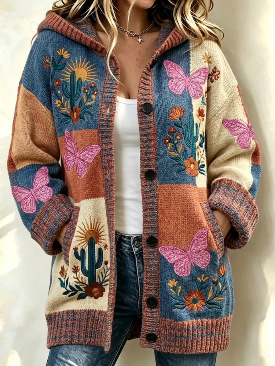 Women'S Retro Floral & Butterfly Pattern Casual Hooded Long Cardigan
