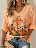 Women'S Fall Cross Pumpkin Sunflower Embroidered V‑Neck Blouse
