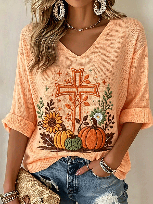 Women'S Fall Cross Pumpkin Sunflower Embroidered V‑Neck Blouse