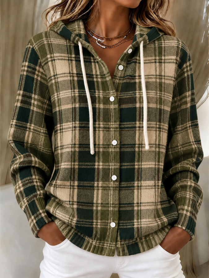 Women'S Plaid Print Knitt Hooded Cardigan