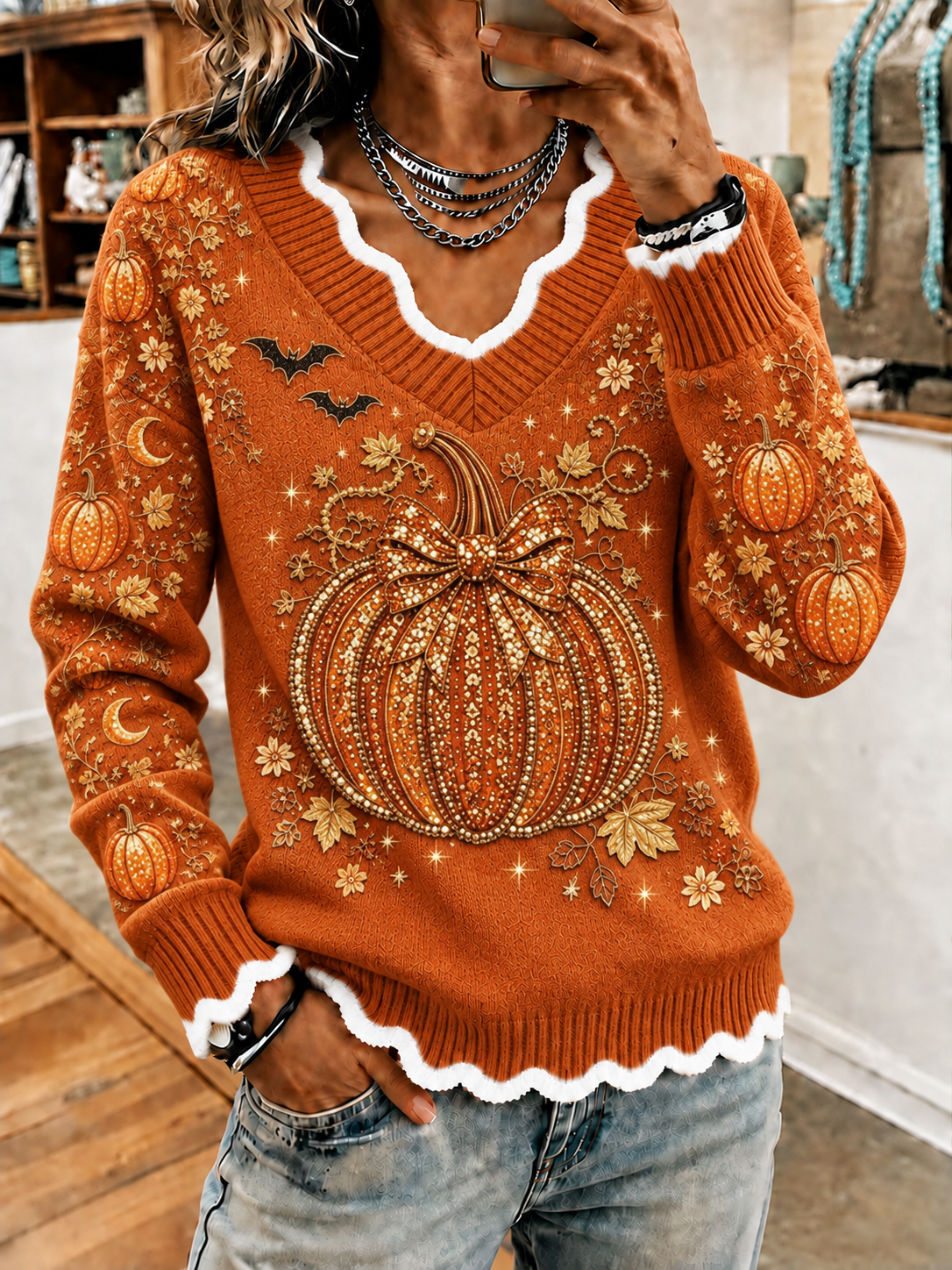 Women'S Autumn Pumpkin Maple Leaf Top