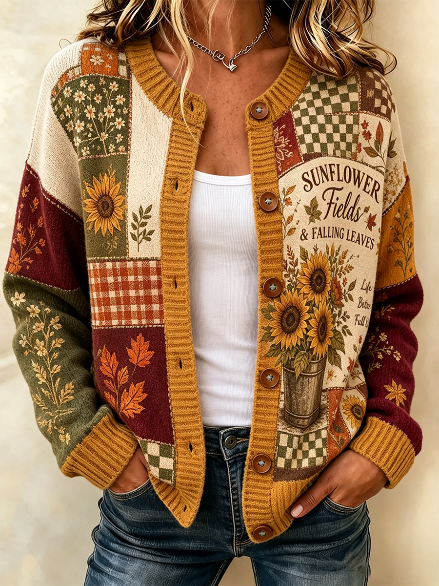 Women's Casual Floral Patchwork Knitted Cardigan