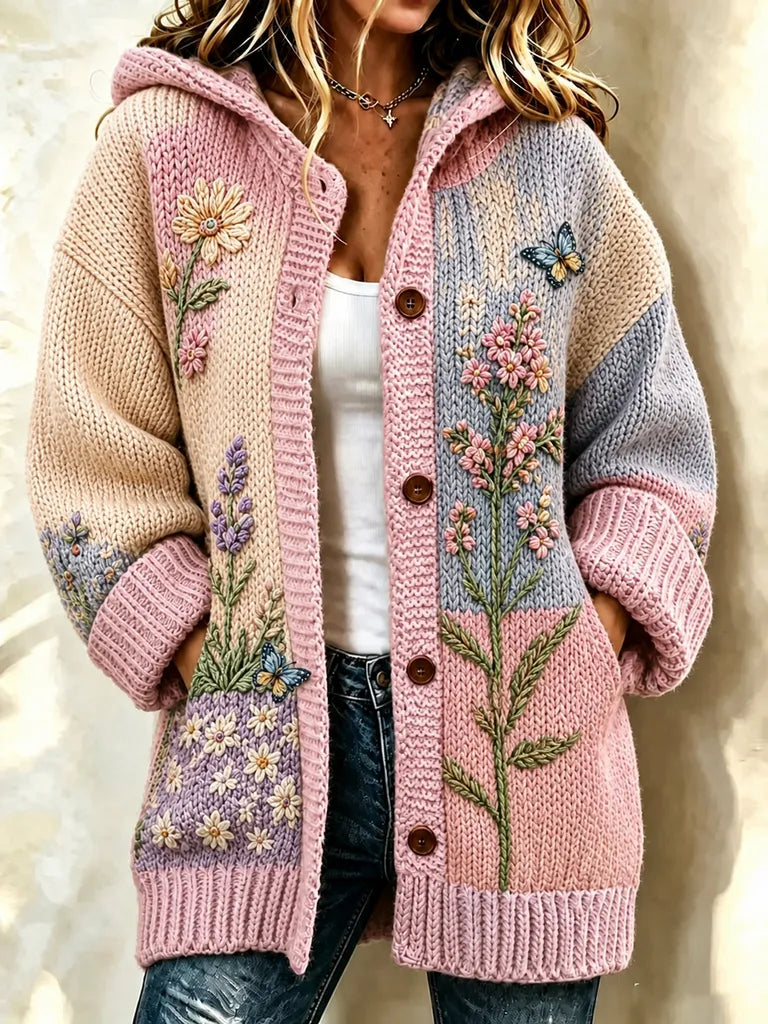 Women'S Breast Cancer Flower Pattern Long Sweater