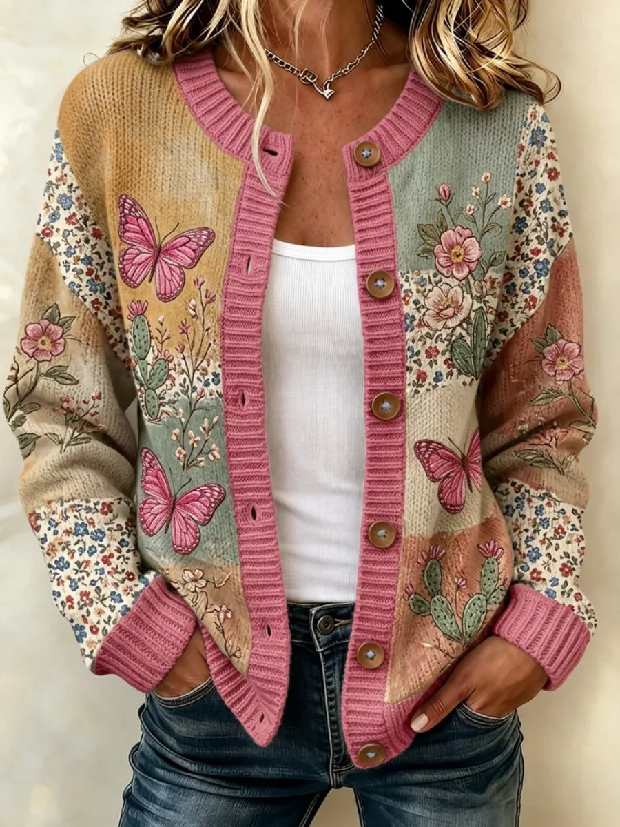Women's Butterfly & Floral Patchwork Knitted Cardigan