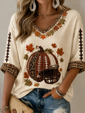 Women's Fun Turkey Football Mid-length Sleeves V-Neck T-Shirt