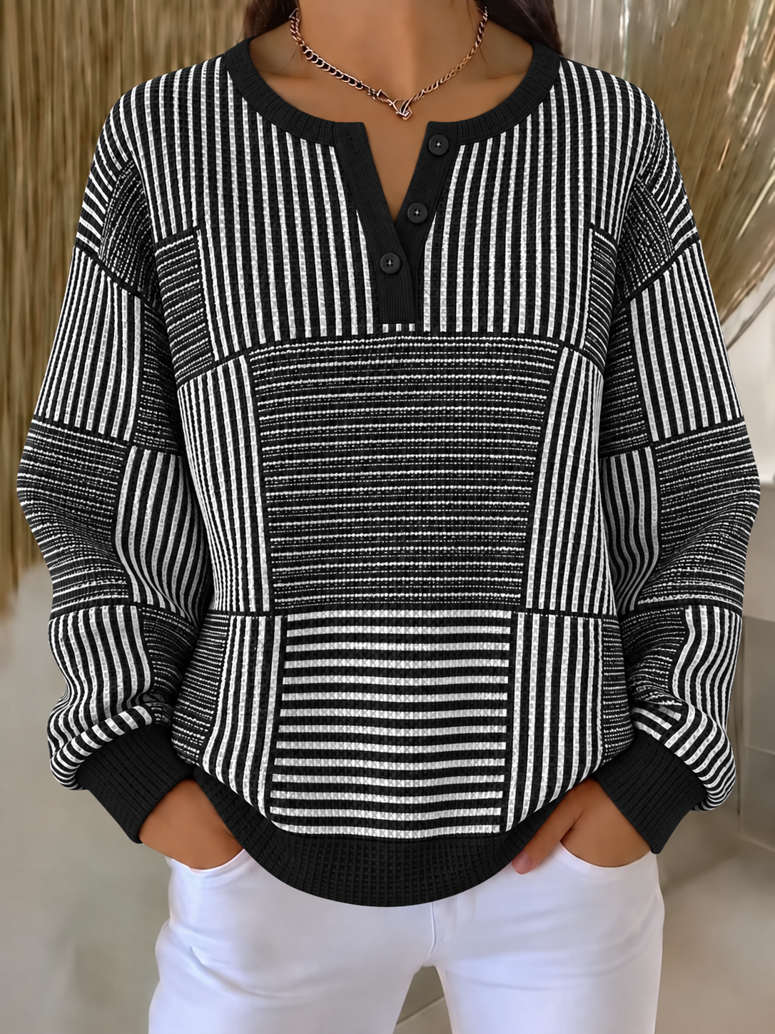 Women Abstract Henley Collar Printing Casual Spring/Fall Long Sleeve Sweatshirt