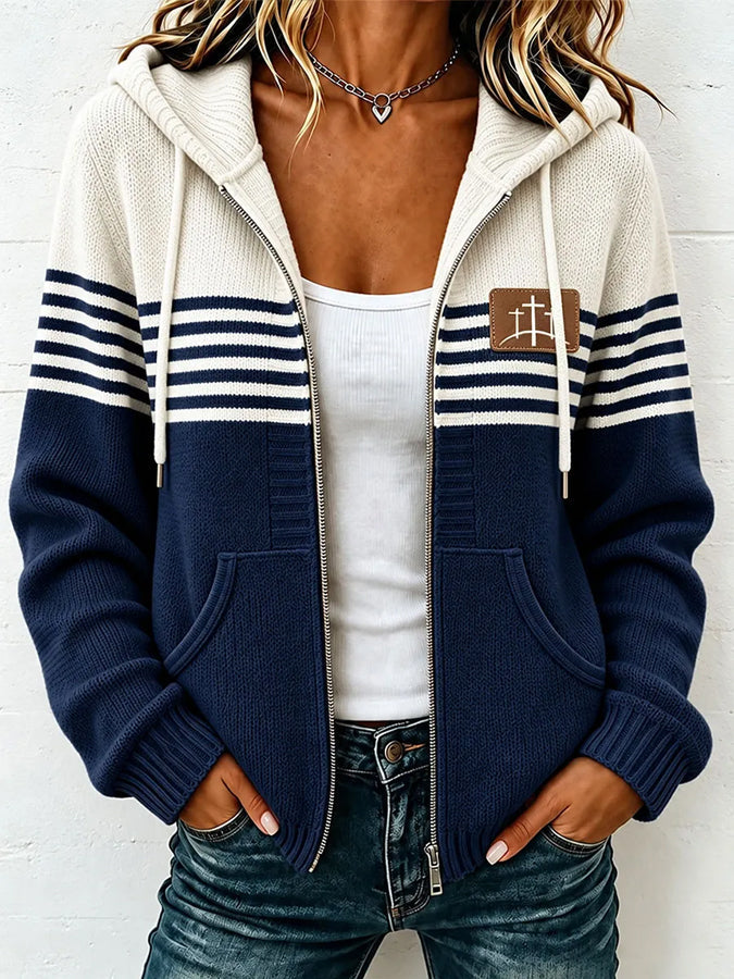 Women'S Casual Striped Faith Hooded Zipper Jacket