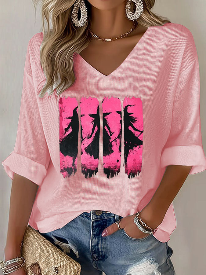 Women's Pink Witch Printed Waffle Top