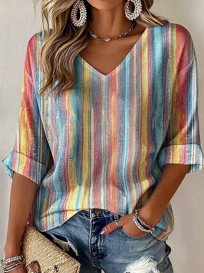 Women'S Autumn Gradient Waffle V-Neck Top