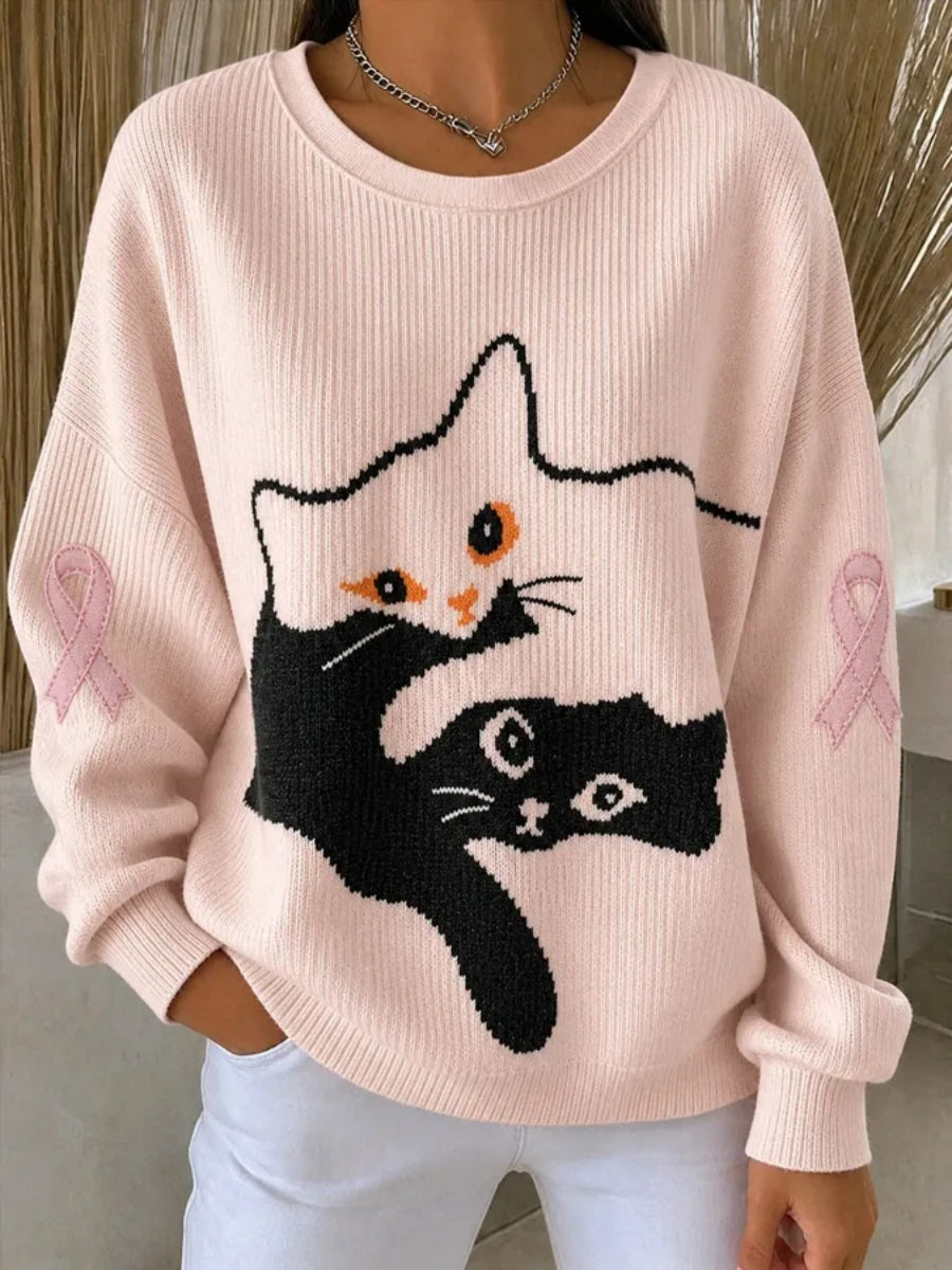 Women's Pink Ribbon & Cat Print Casual Sweatshirt